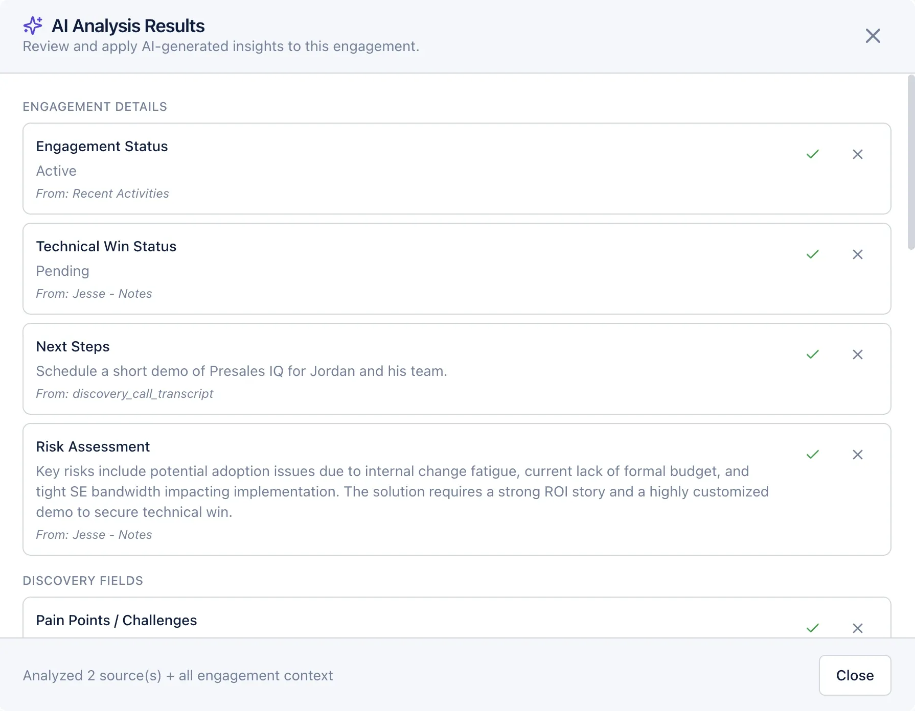 PresalesIQ AI Analysis Results: suggested updates to engagement status, technical win status, next steps and risk assessment, each with its source and accept or reject buttons