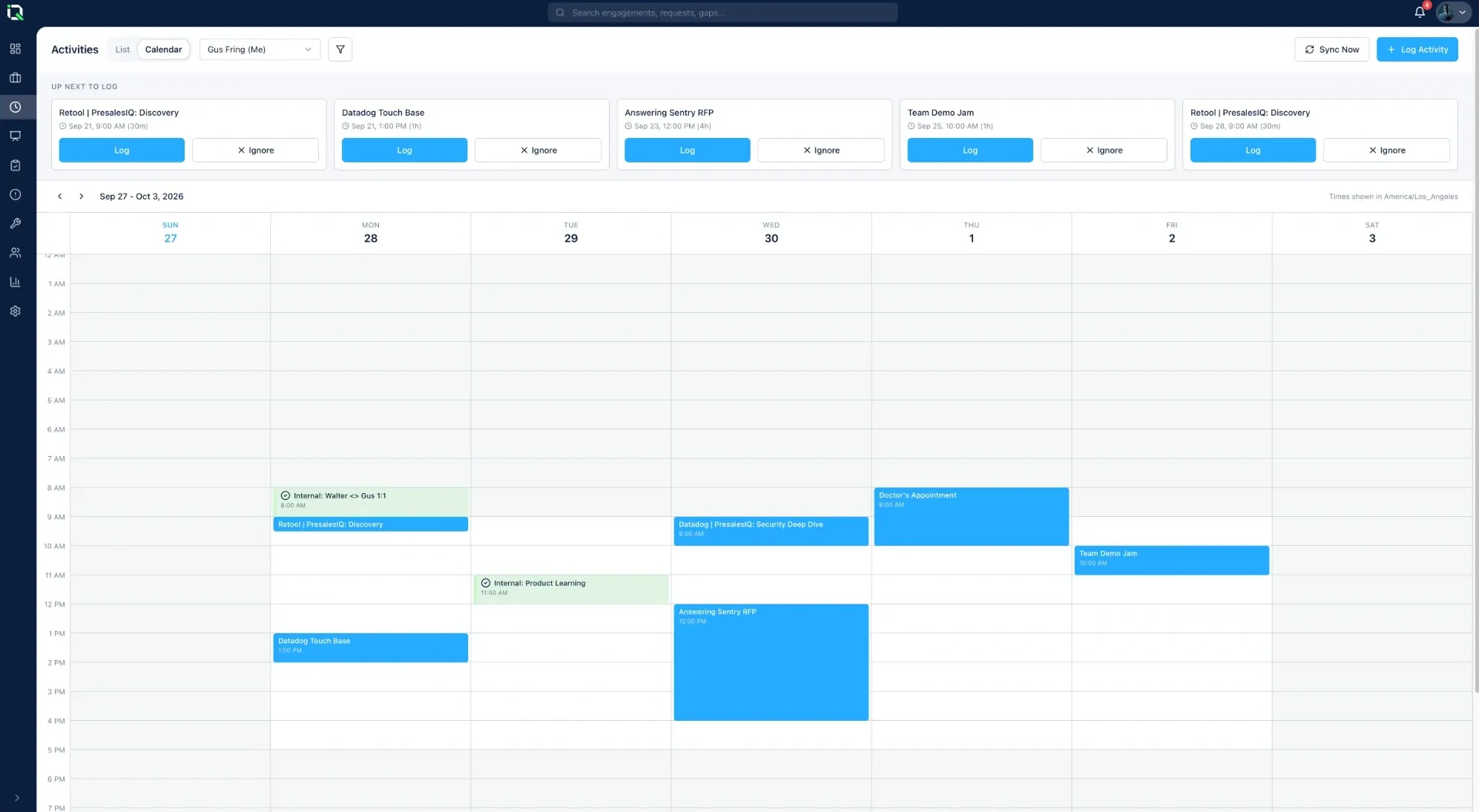 PresalesIQ Activities calendar: an Up next to log queue of recent meetings with Log and Ignore buttons above a weekly calendar of synced meetings