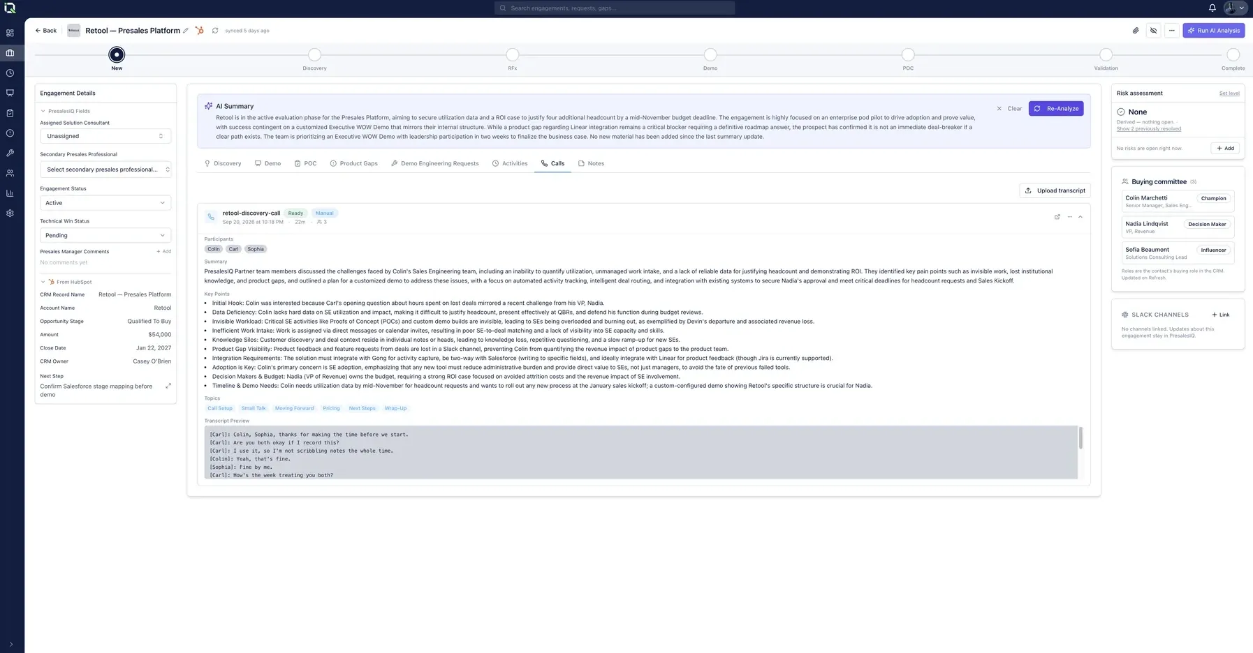 PresalesIQ call capture: a call transcript alongside AI-extracted key points for pain, budget, timeline and decision makers