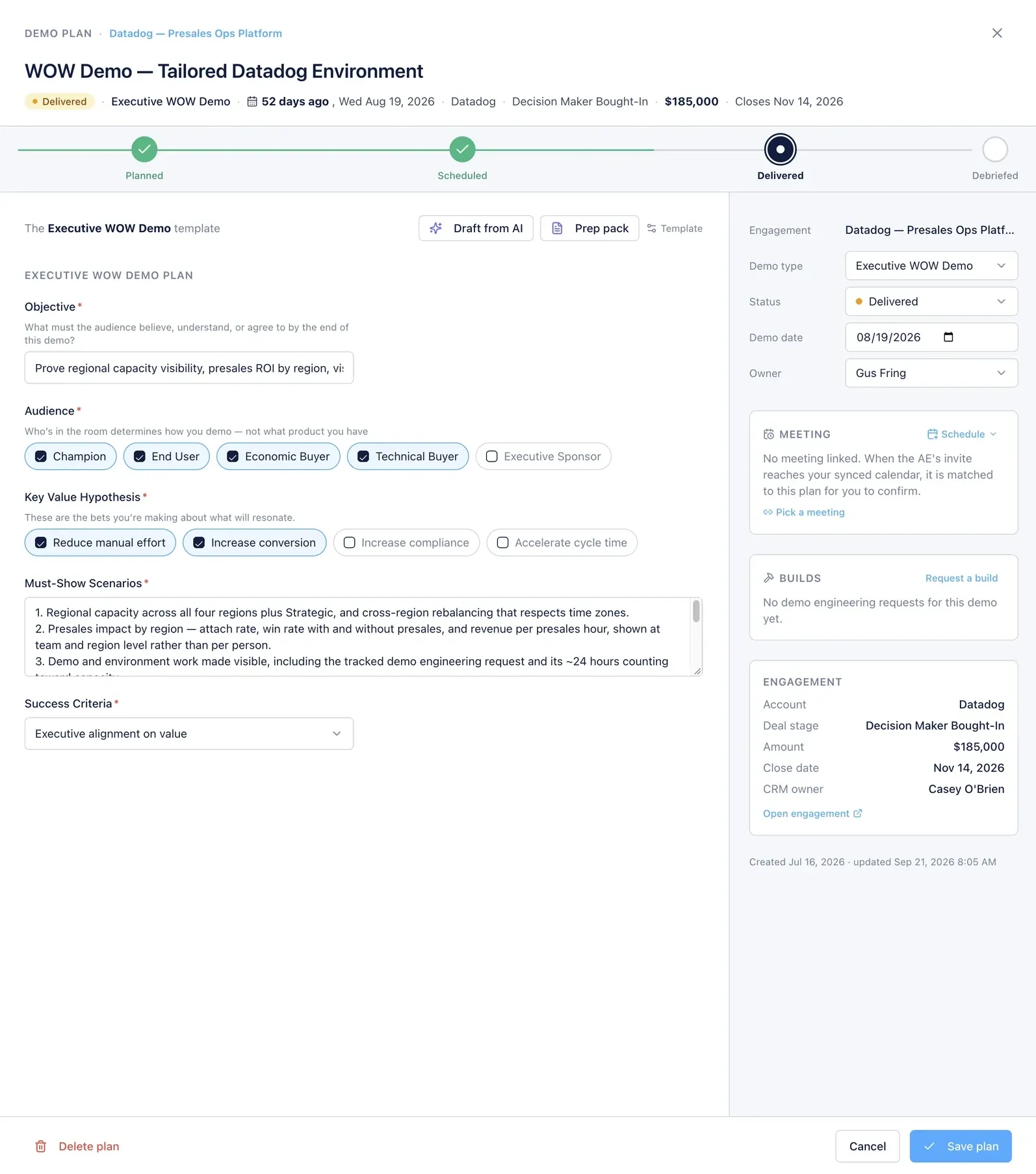 PresalesIQ demo plan: objective, audience, value hypothesis and AI-drafted must-show scenarios for an upcoming demo