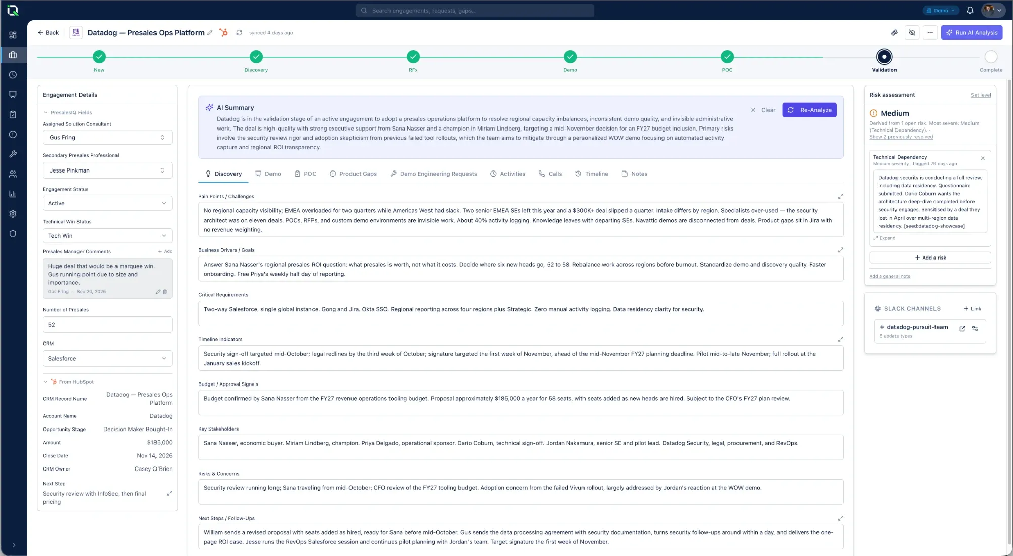 PresalesIQ engagement detail: stage progress from New to Complete, an AI summary, discovery notes, and a risk assessment panel