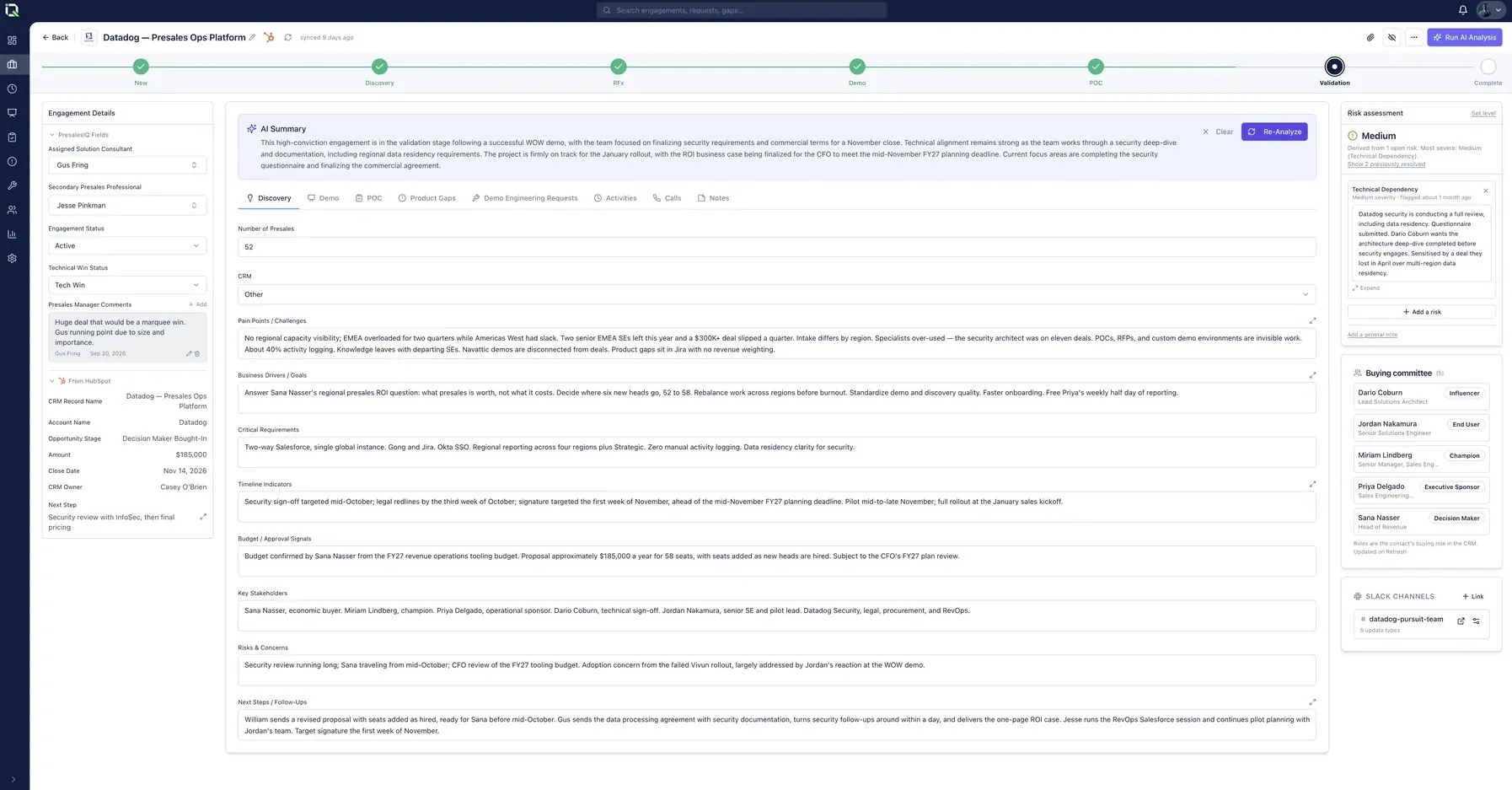 PresalesIQ deal workspace: stage progress, an AI summary, structured discovery fields and a risk assessment panel