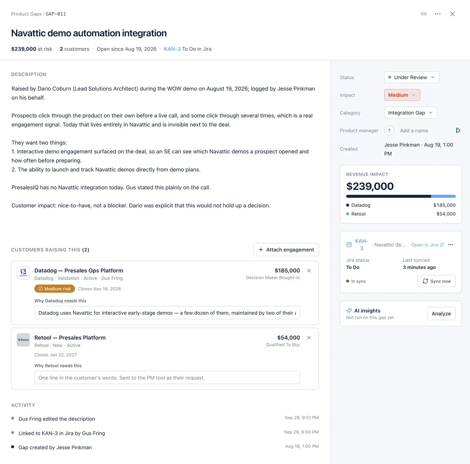 PresalesIQ product gap: the revenue at risk across linked opportunities, Jira sync status and customer quotes