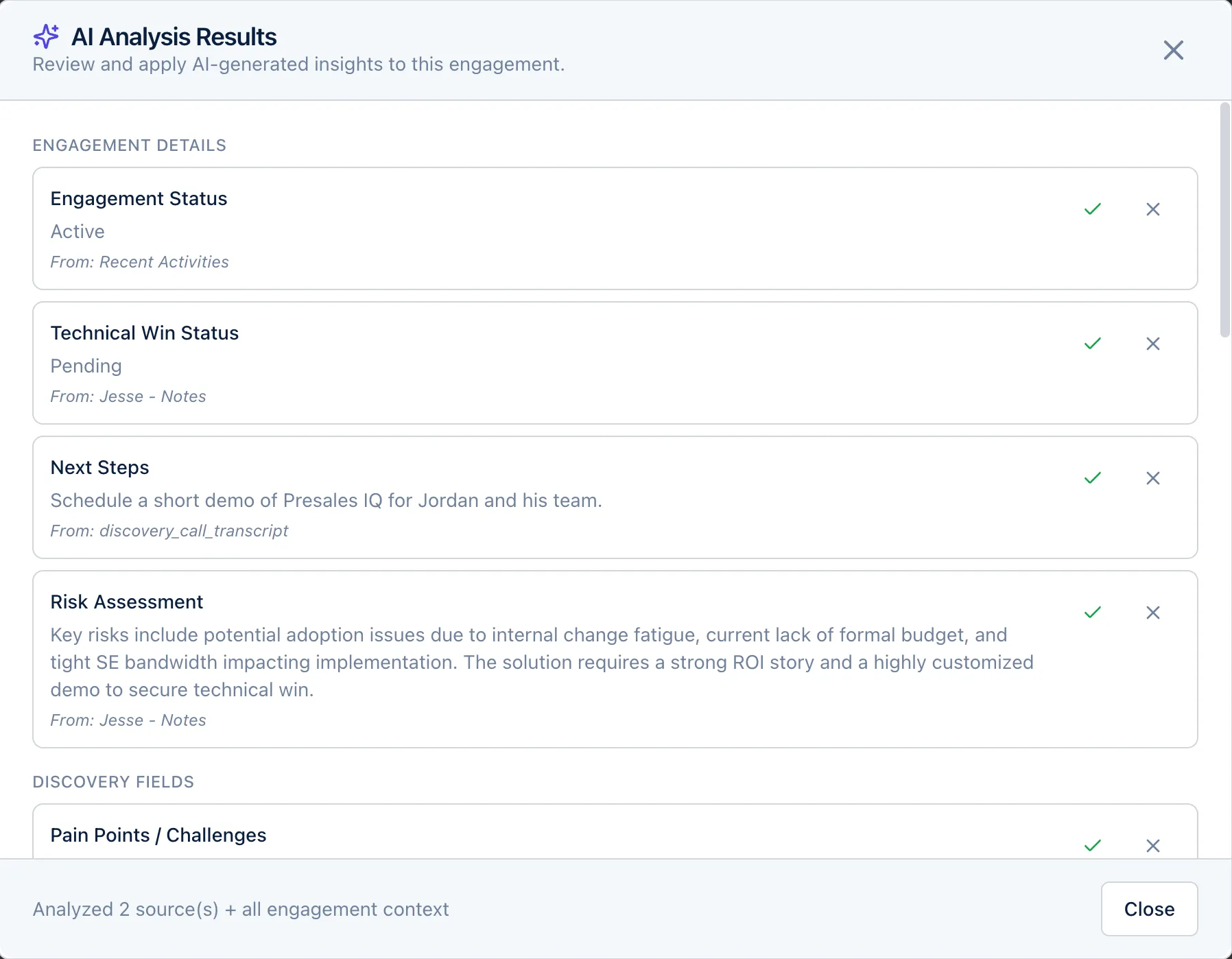 PresalesIQ AI workflow and insights view