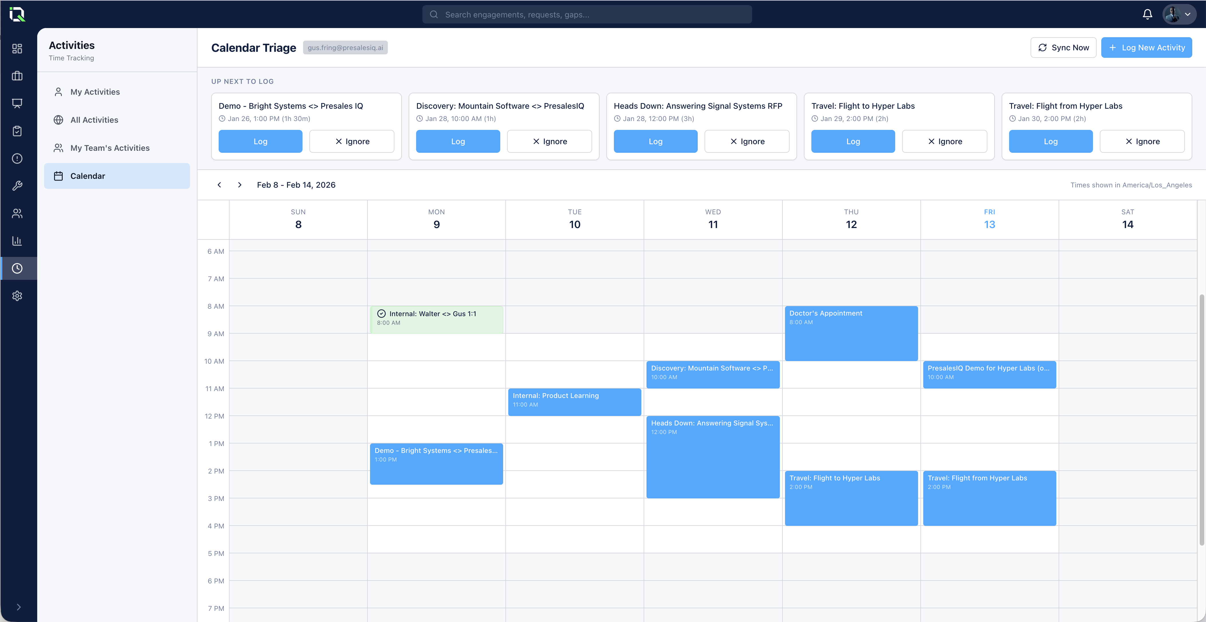 PresalesIQ activity intelligence dashboard showing auto-captured activities, categorization, and effort tracking