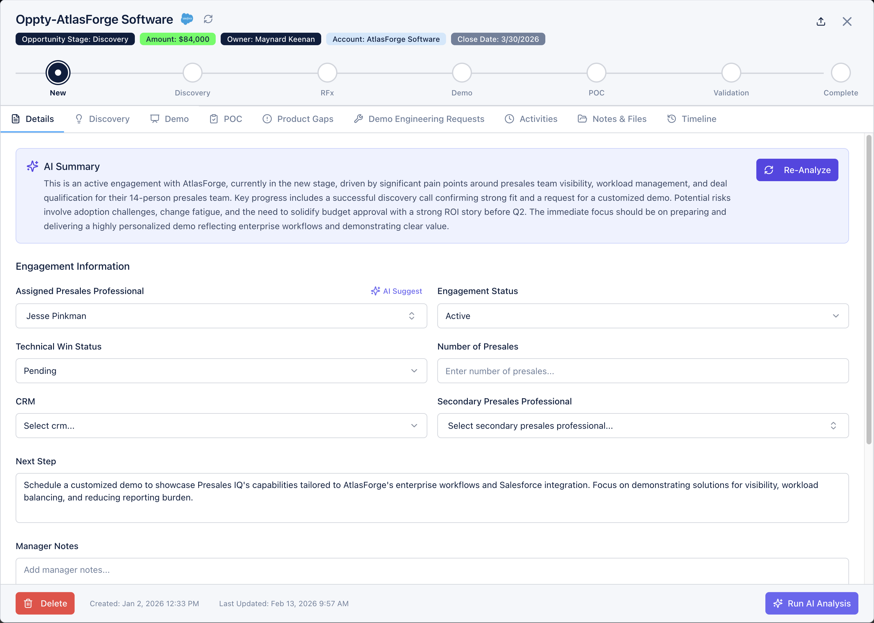 PresalesIQ engagement management dashboard showing active engagements, status tracking, and risk indicators