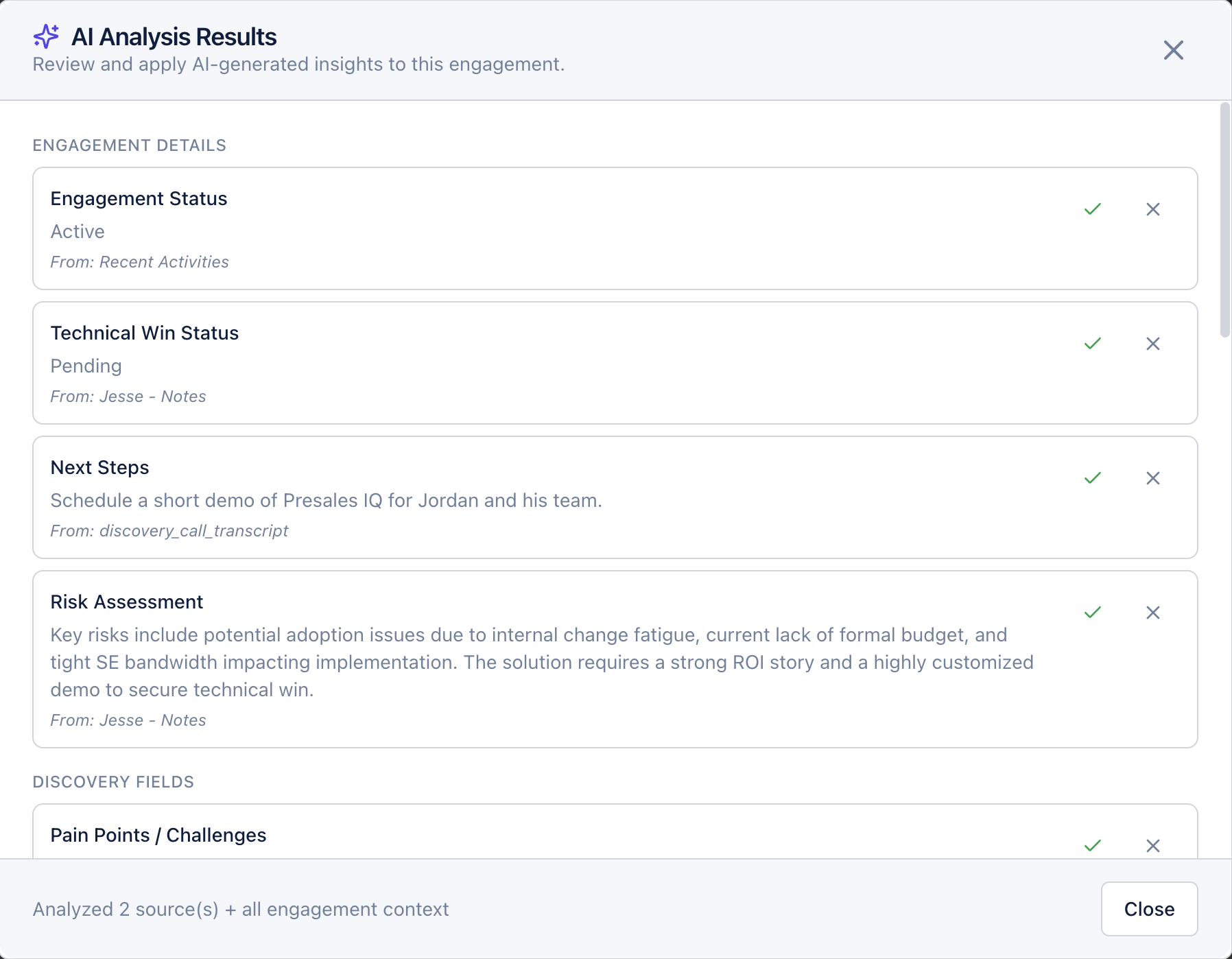 PresalesIQ workflow-embedded AI showing real-time engagement health analysis and discovery gap detection